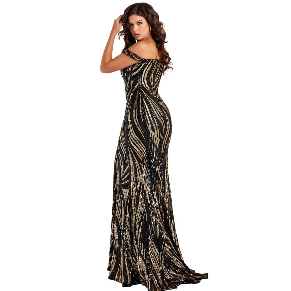 Jovani Gold/Black Sequin Off the Shoulder Trumpet Gown, Black Tie Gala Ball, 8 - Picture 2 of 11